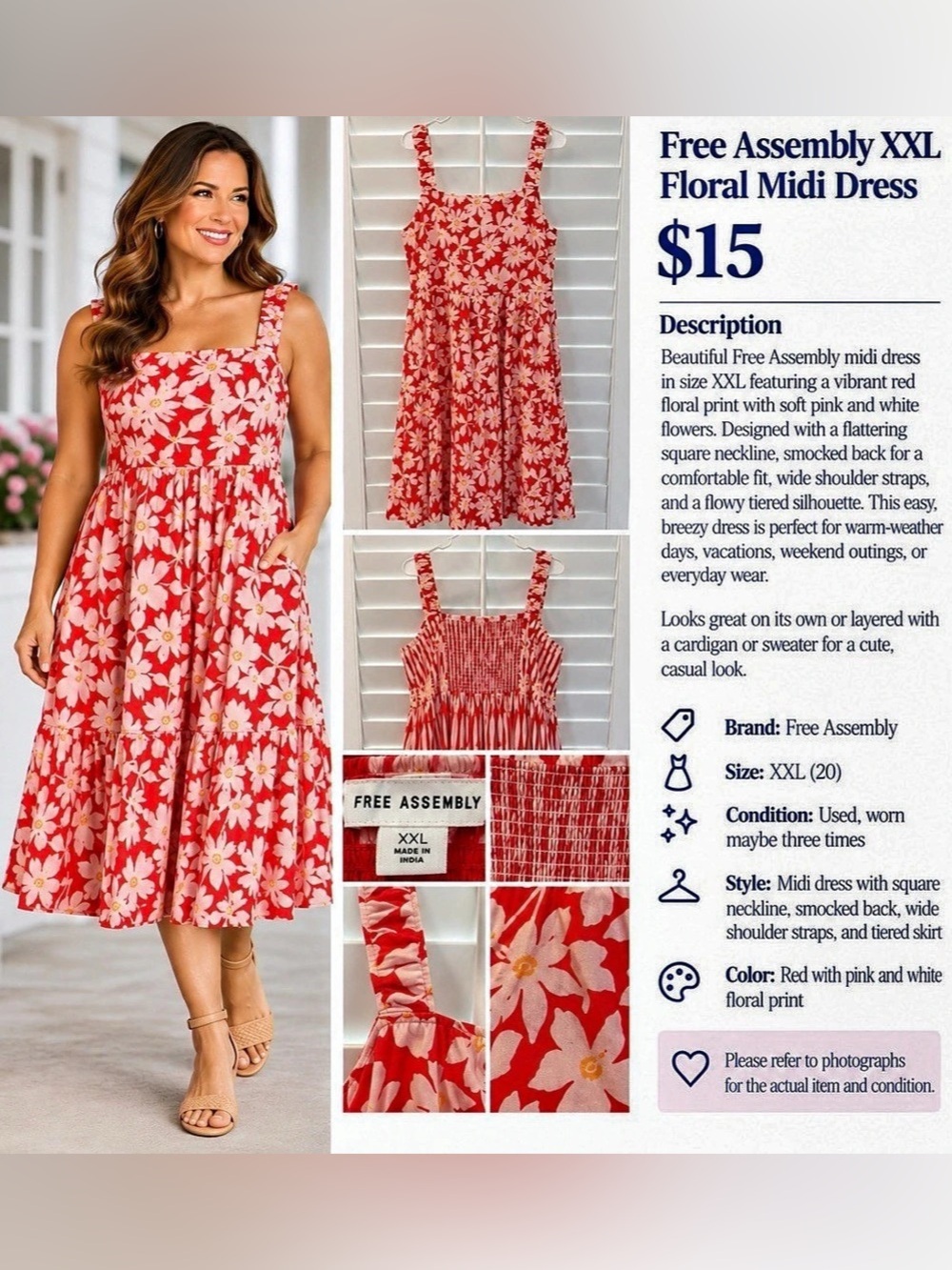Free Assembly Floral Midi Dress Red & White XXL (20)